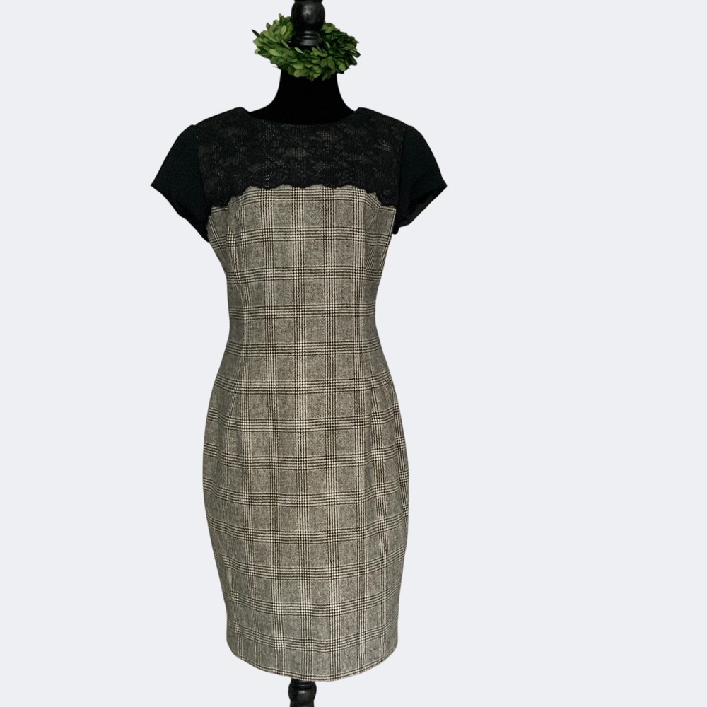 Zara Black Glen Plaid Wool Blend Cap Sleeve Sheath Dress Lace Overlay SZ L (M)